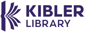 Kibler Library logo, purple with a logo symbol that looks like a capital letter K with book pages as the arms of the letter and the words "Kibler Library" stacked next to it