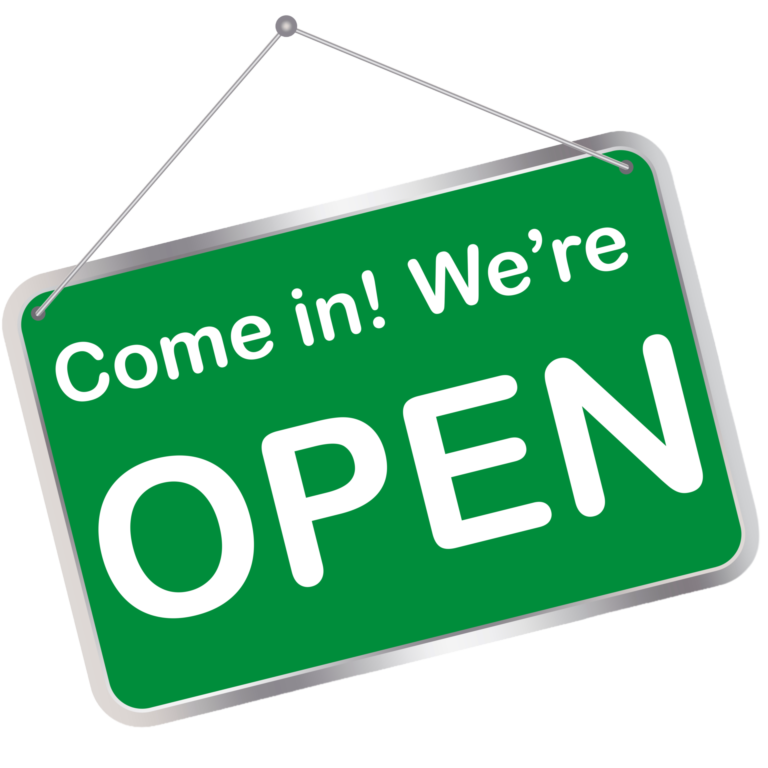 Green sign indicating business is open